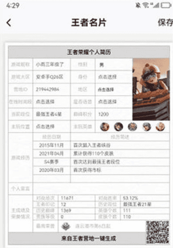 《王者荣耀》在哪里生成个人简历